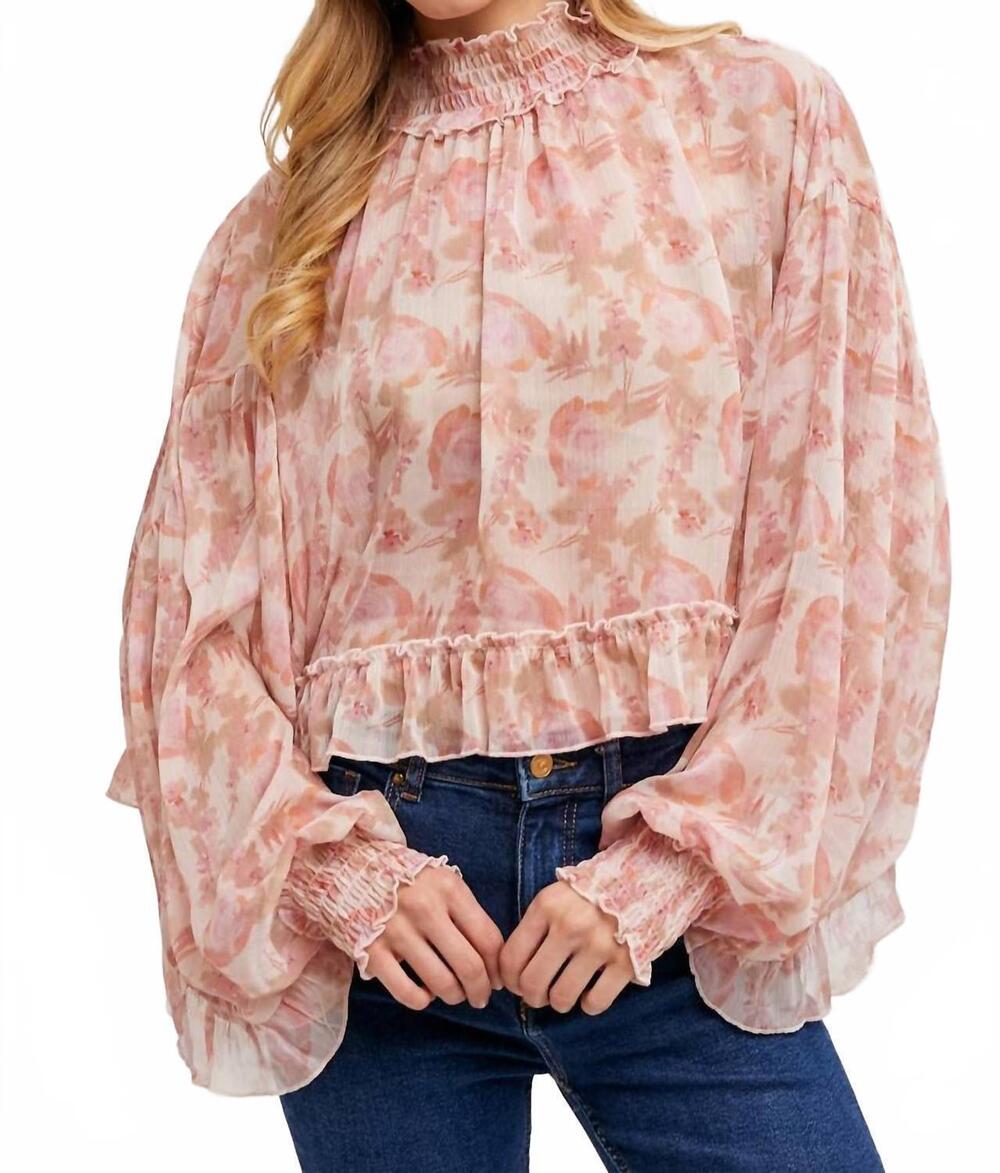 NEW BLUIVY women's floral print ruffled mock neck chiffon top in pink
